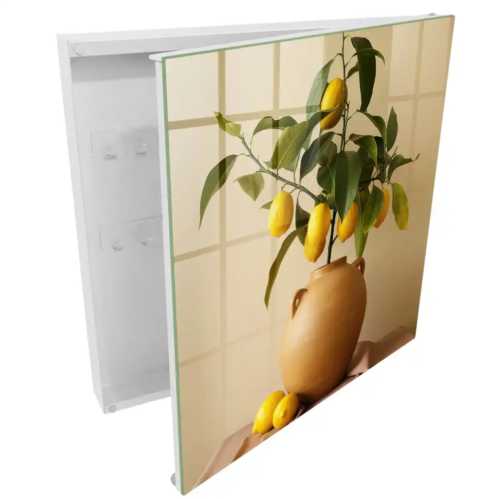Armoire à clés citrons jaunes dans un pot en terre cuite sur fond beige