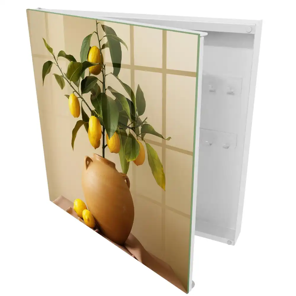 Armoire à clés citrons jaunes dans un pot en terre cuite sur fond beige