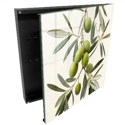 Boîte à clés branche d'olivier et olives vertes sur fond crème