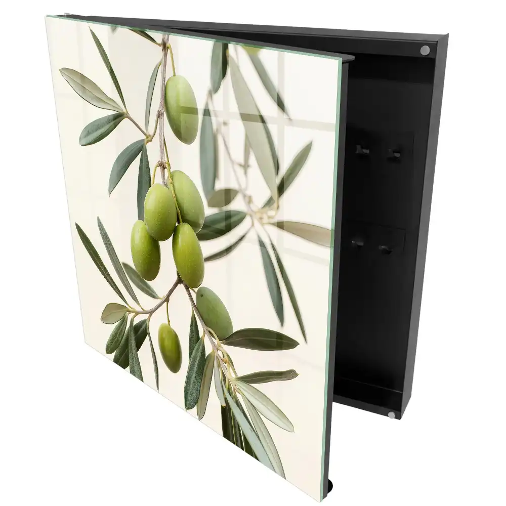 Boîte à clés branche d'olivier et olives vertes sur fond crème