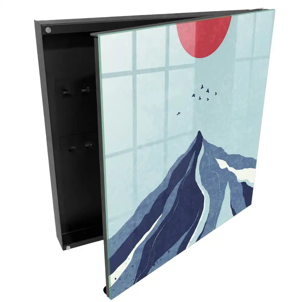 Boîte à clés murale des montagnes bleues avec un soleil rouge en arrière-plan