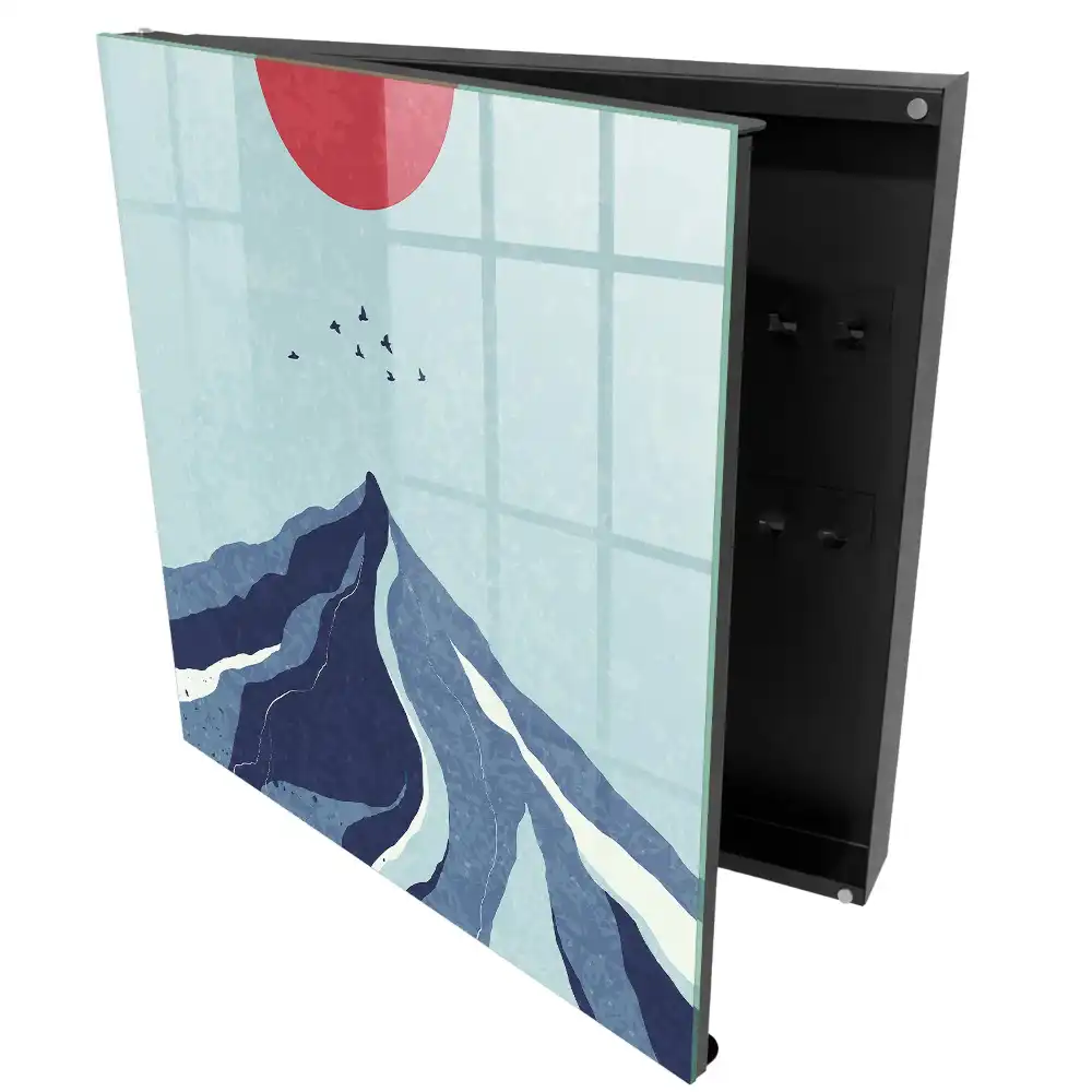 Boîte à clés murale des montagnes bleues avec un soleil rouge en arrière-plan