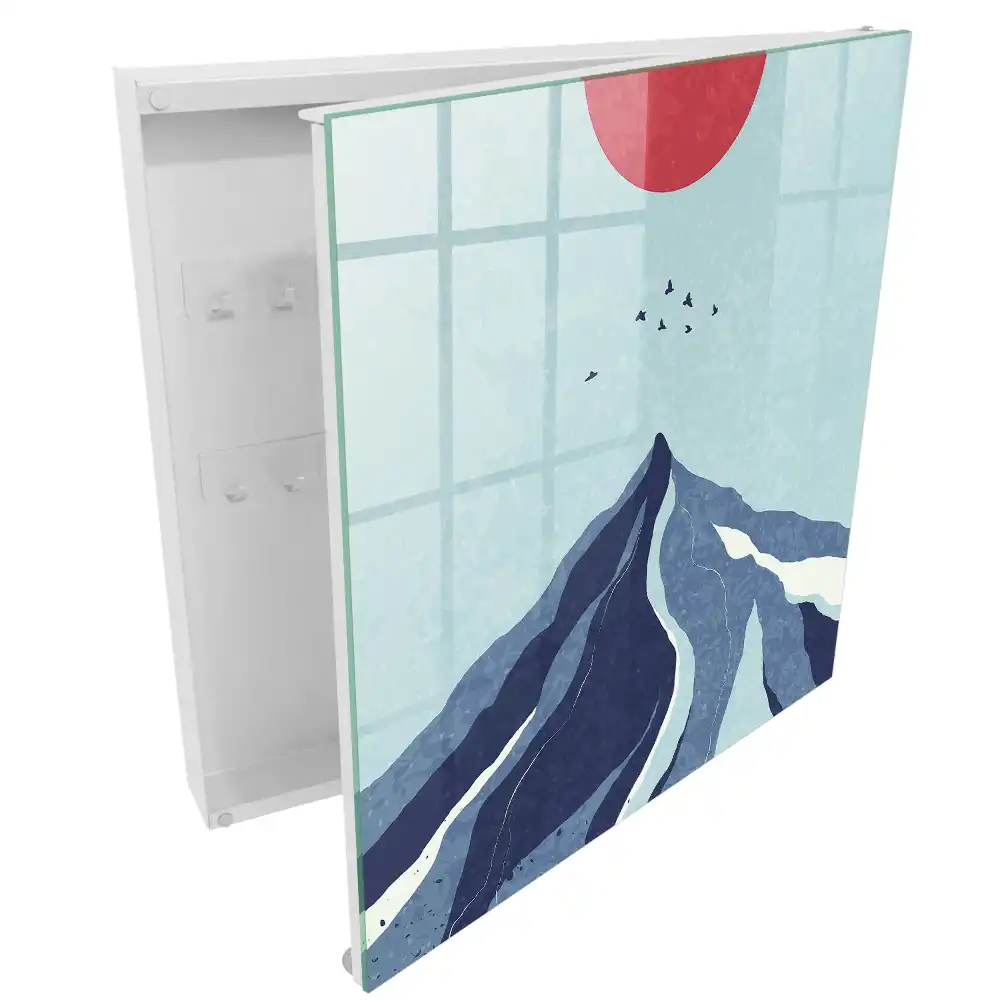 Boîte à clés murale des montagnes bleues avec un soleil rouge en arrière-plan