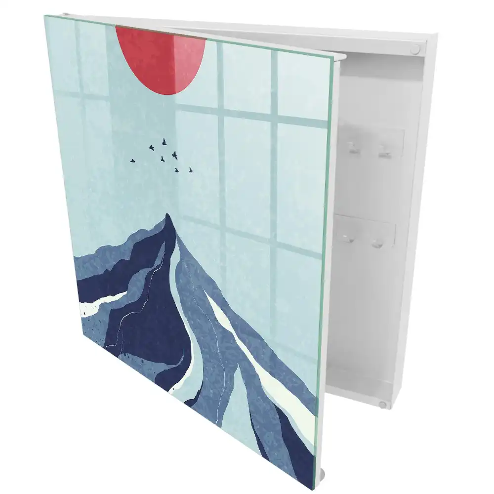 Boîte à clés murale des montagnes bleues avec un soleil rouge en arrière-plan