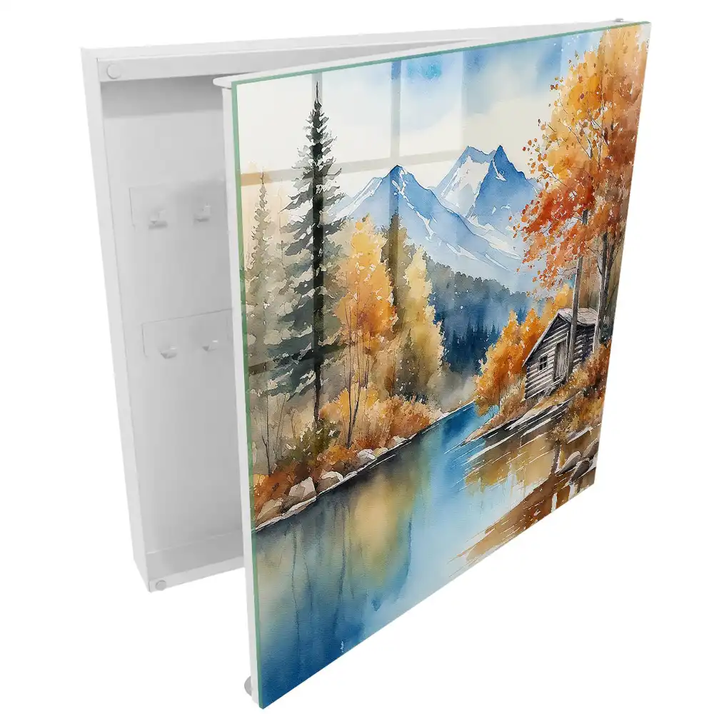 Boîte à clés paysage d'automne avec des montagnes et une rivière