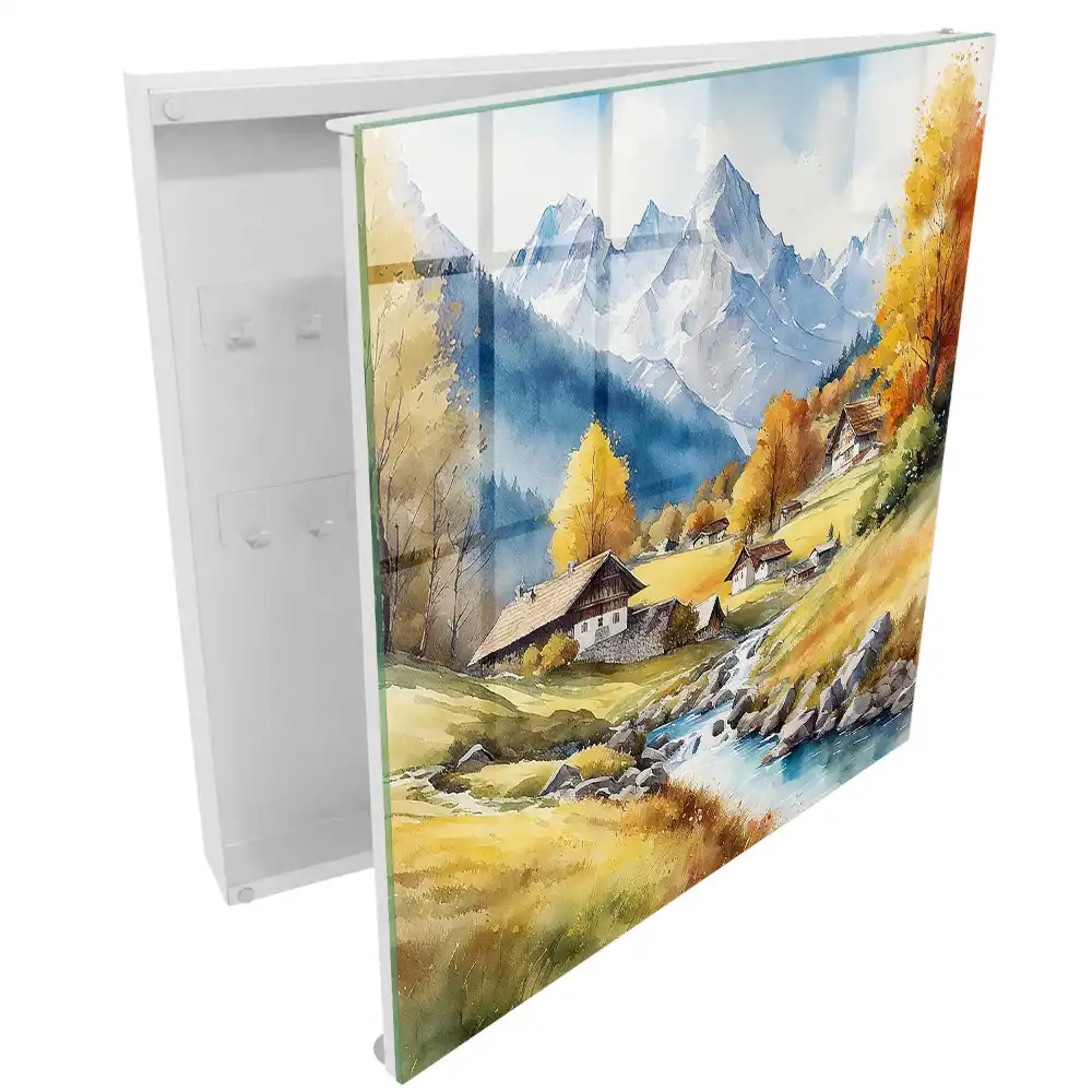 Armoire à clés paysage d'automne avec montagnes et maisons