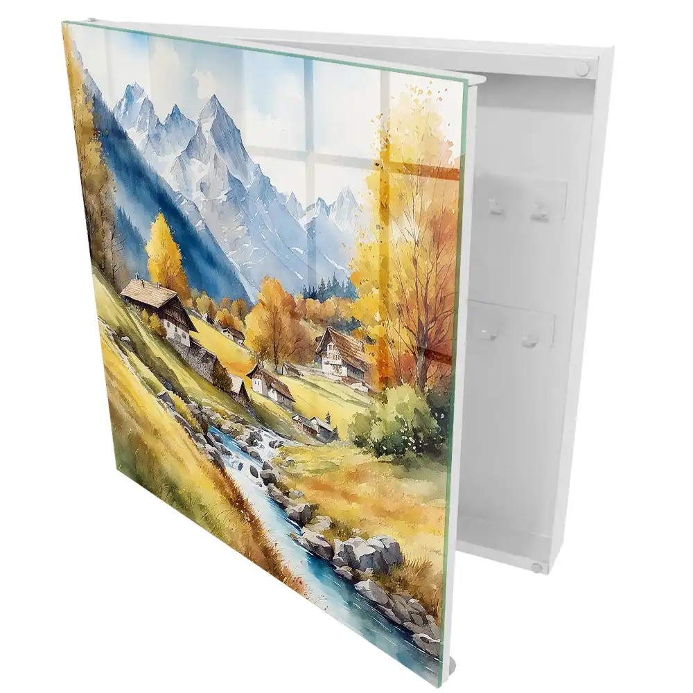 Armoire à clés paysage d'automne avec montagnes et maisons