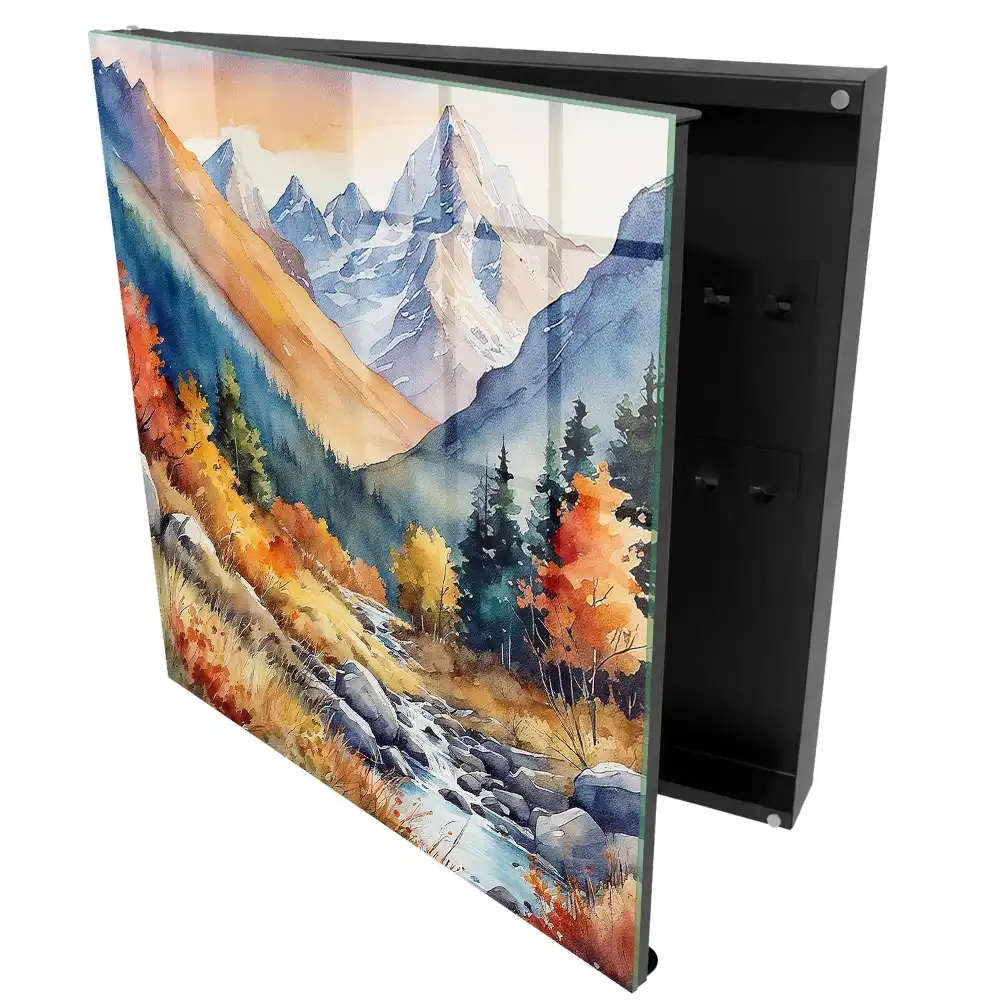 Boîte à clés vues de montagne avec des arbres aux couleurs automnales
