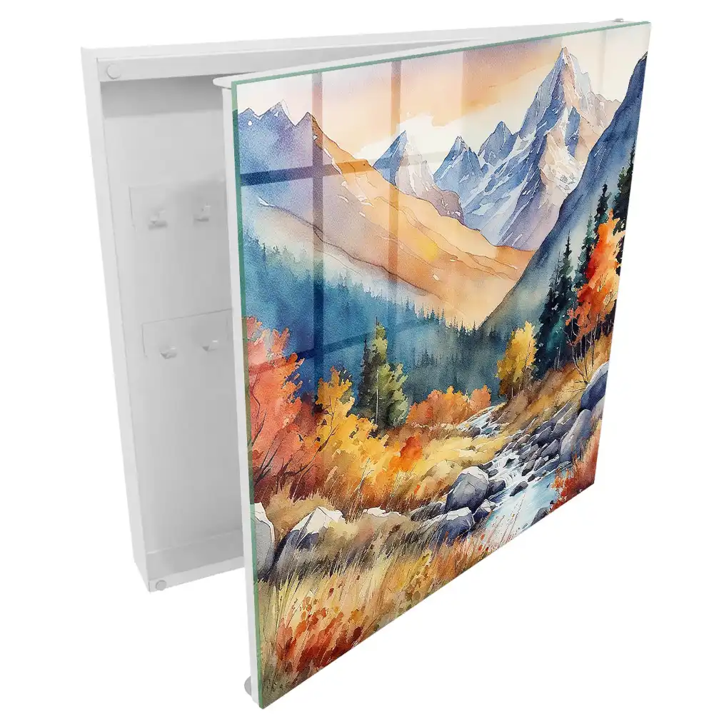Boîte à clés vues de montagne avec des arbres aux couleurs automnales