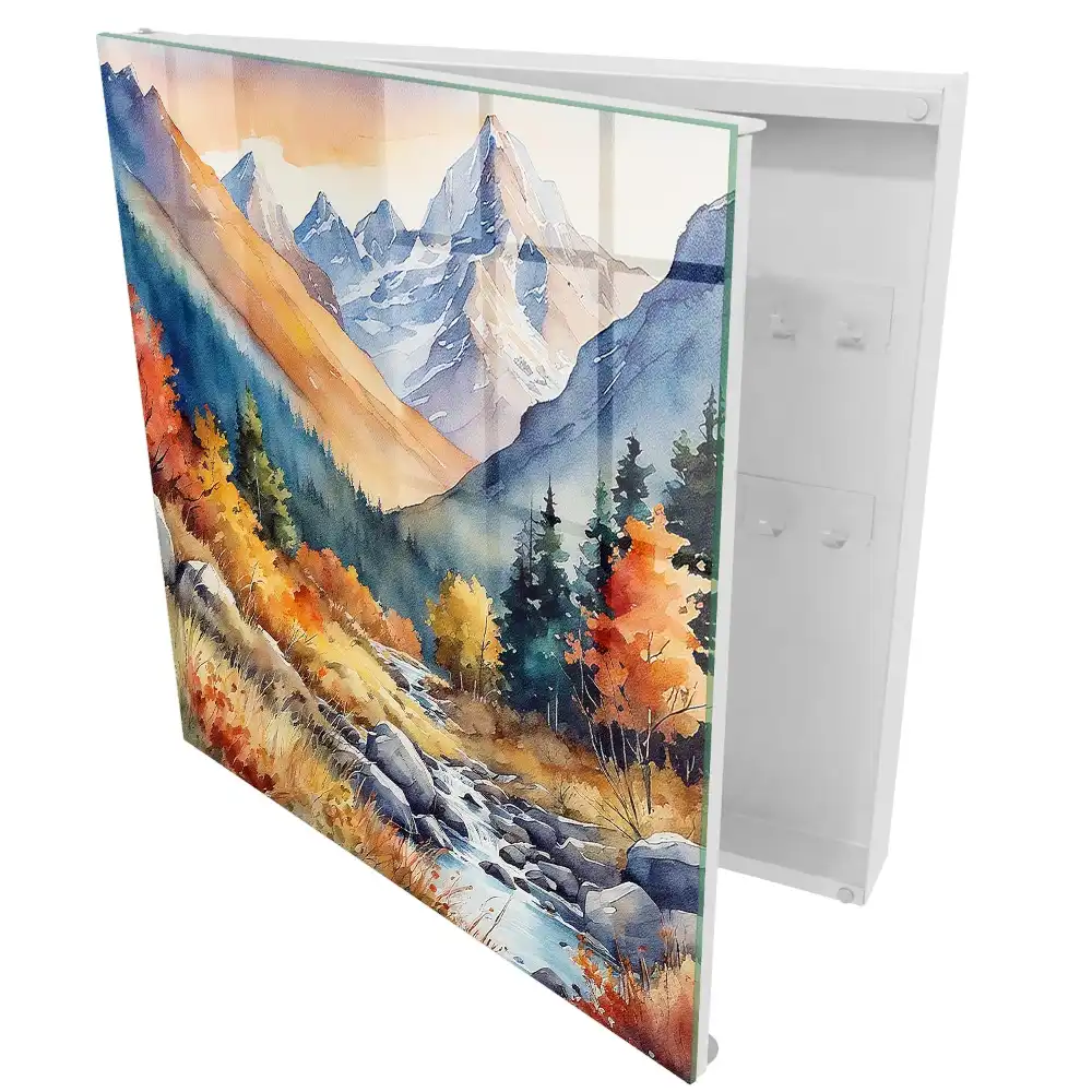 Boîte à clés vues de montagne avec des arbres aux couleurs automnales
