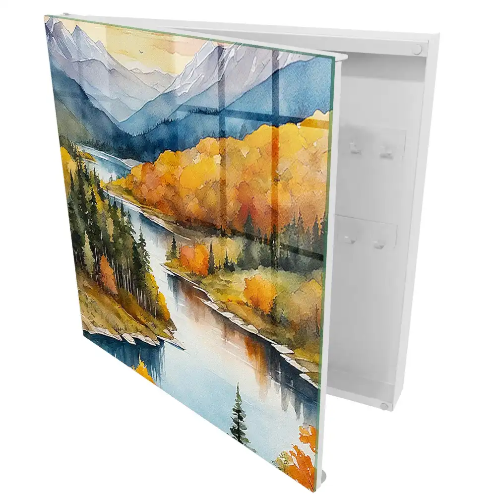 Armoire à clés un lac entouré de forêts et de montagnes d'automne