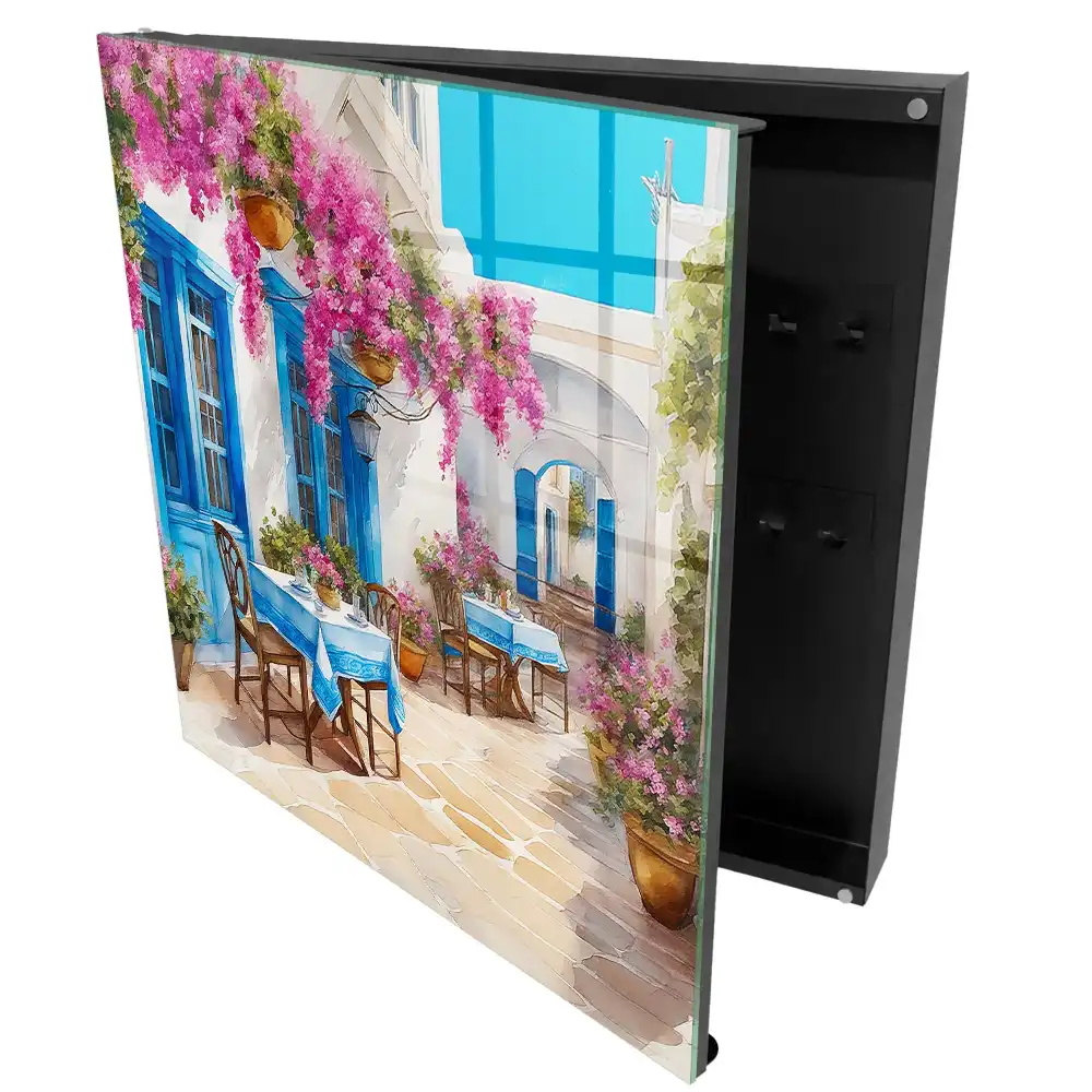 Boîte à clés un coin méditerranéen avec des fleurs et du ciel