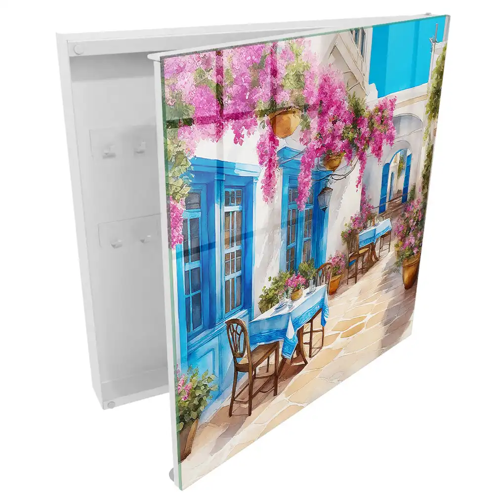 Boîte à clés un coin méditerranéen avec des fleurs et du ciel