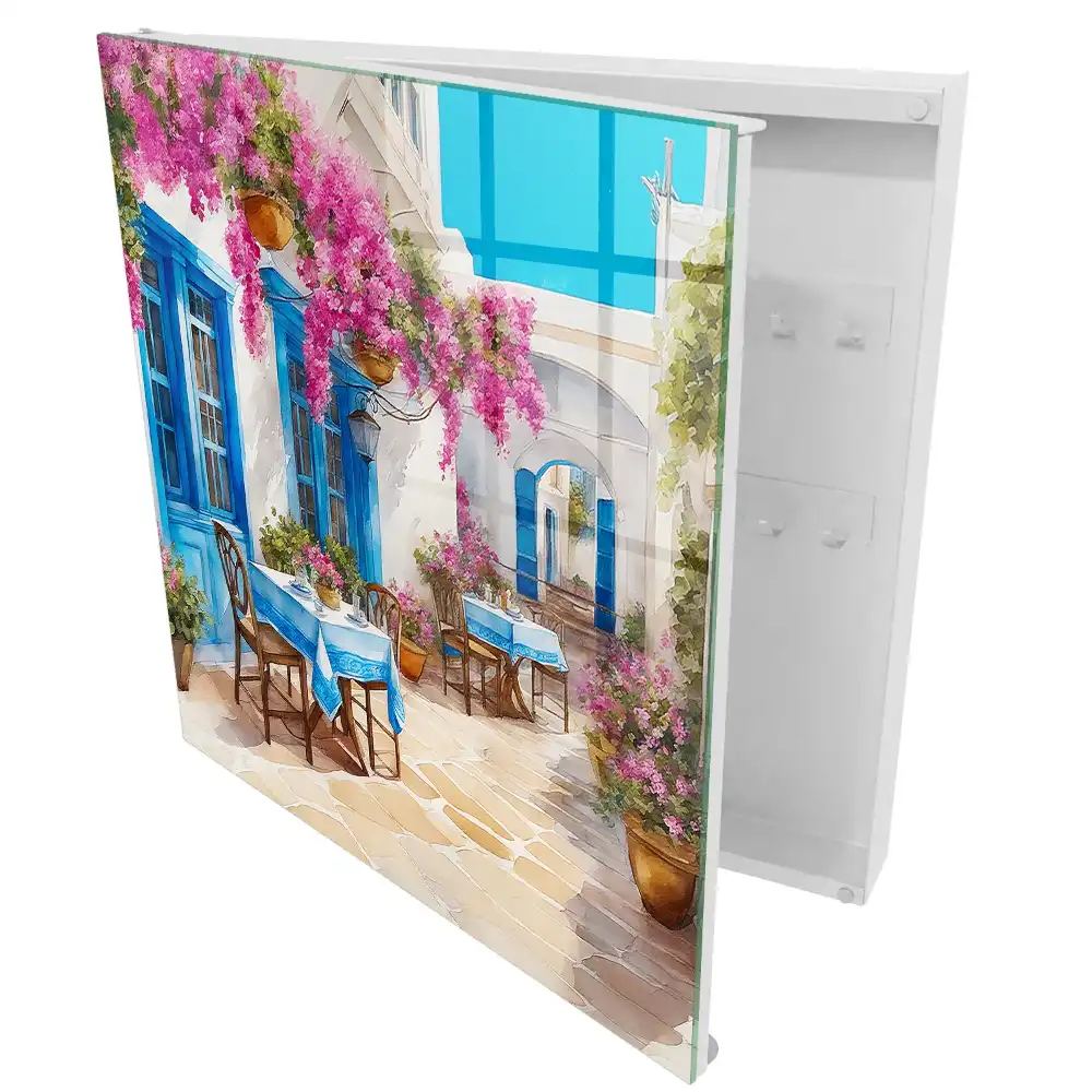 Boîte à clés un coin méditerranéen avec des fleurs et du ciel