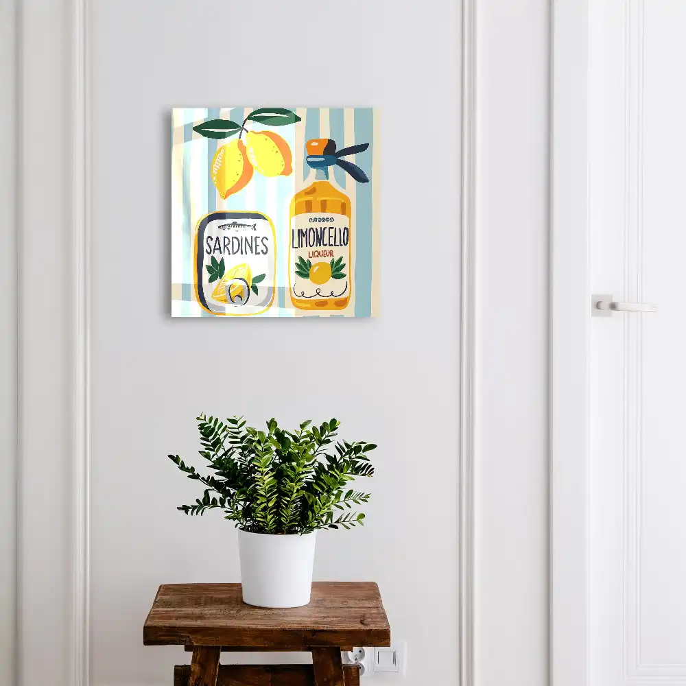 Boîte à clés murale une bouteille de limoncello une boîte de sardines et des citrons