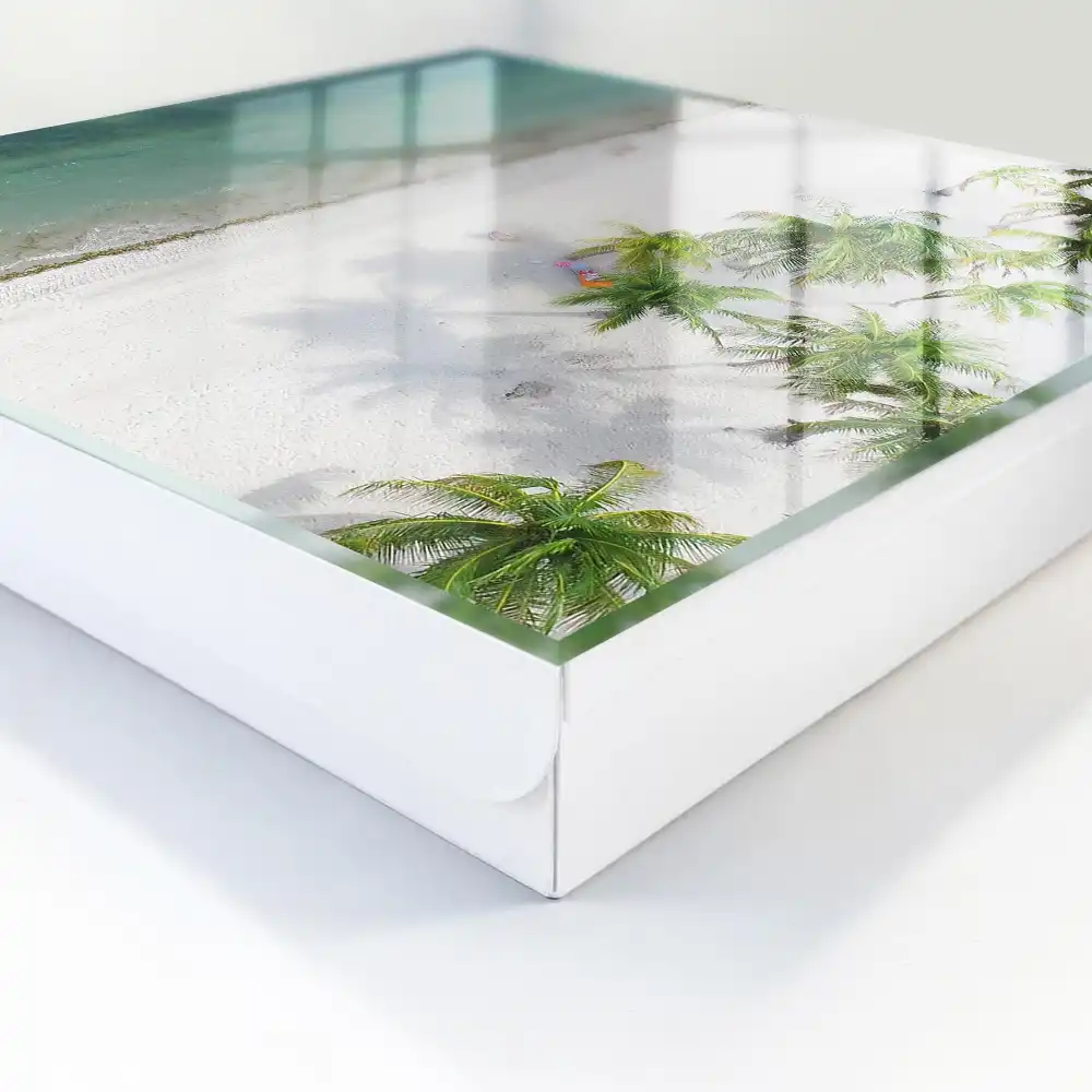 Boîte à clés palmiers surplombant une plage de sable blanc bordant une eau bleue