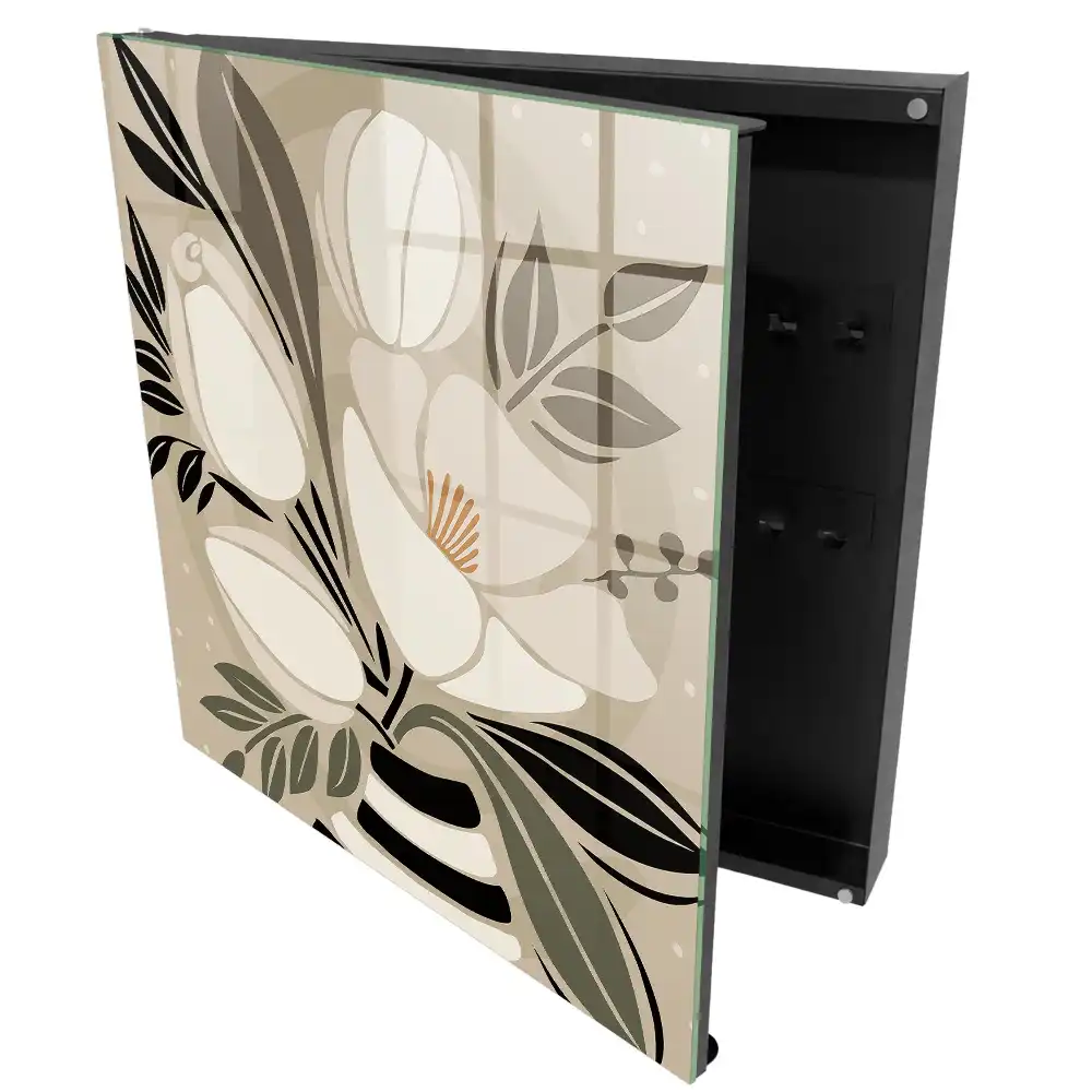 Armoire à clés composition florale beige et noire