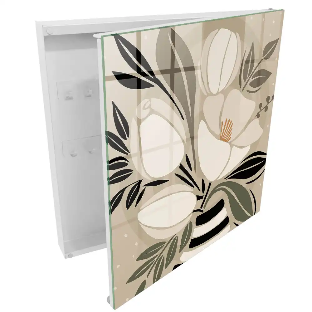 Armoire à clés composition florale beige et noire