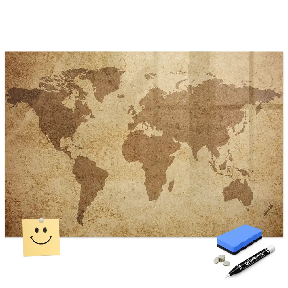 Tableau blanc magnétique effaçable à sec avec carte du monde ancienne en arrière-plan