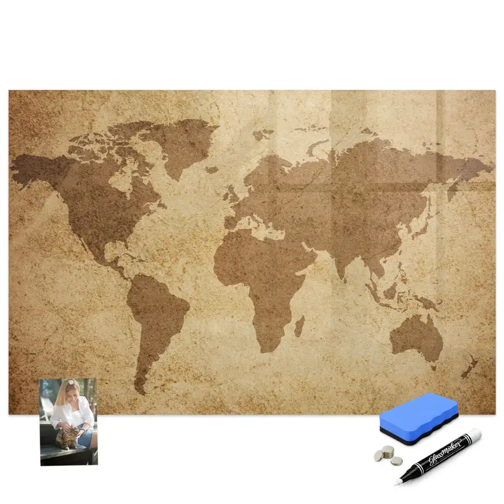 Tableau blanc magnétique effaçable à sec avec carte du monde ancienne en arrière-plan