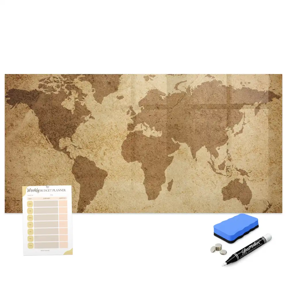 Tableau blanc magnétique effaçable à sec avec carte du monde ancienne en arrière-plan