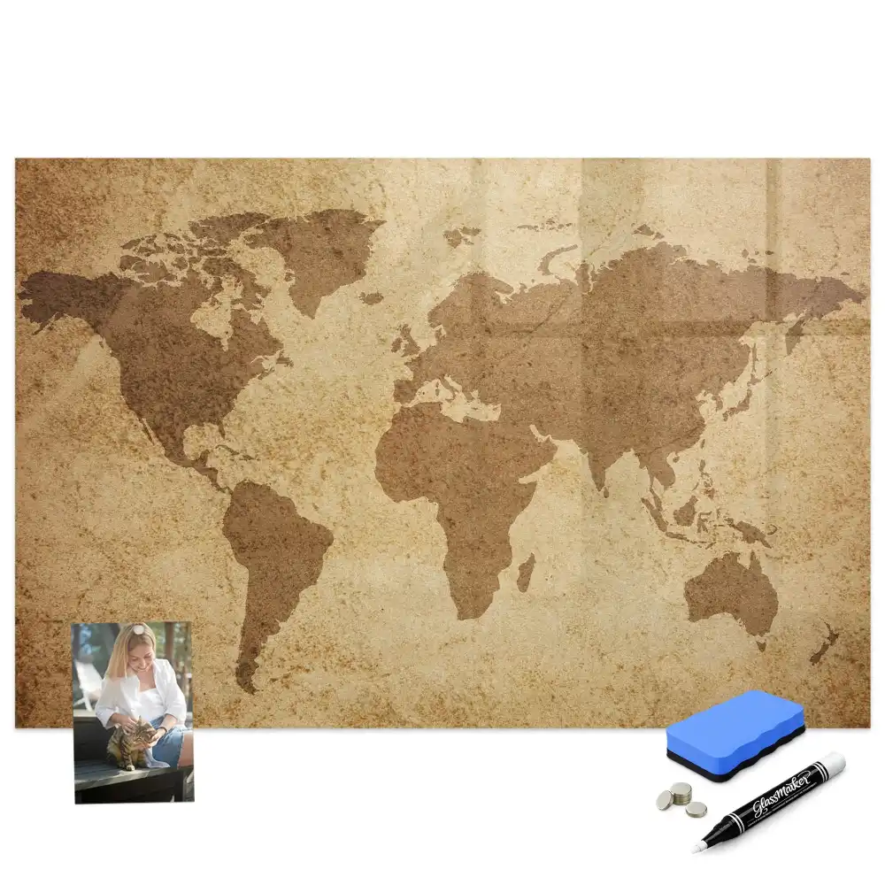 Tableau blanc magnétique effaçable à sec avec carte du monde ancienne en arrière-plan