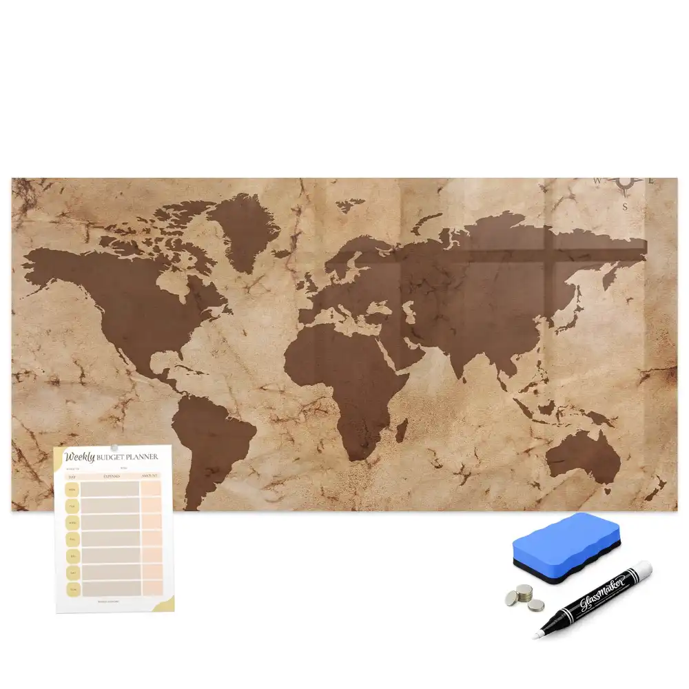 Tableau magnétique avec feutre et carte du monde historique