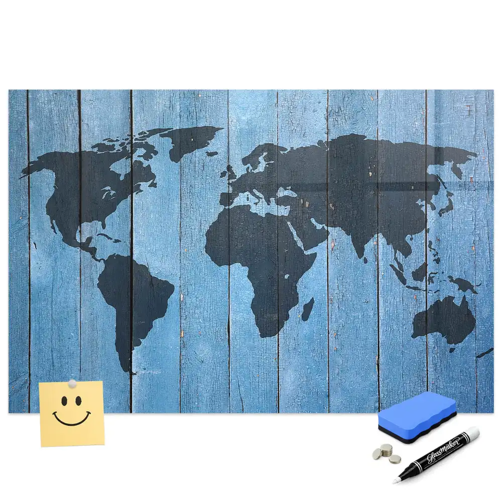 Tableau magnétique carte du monde sur bois avec feutre