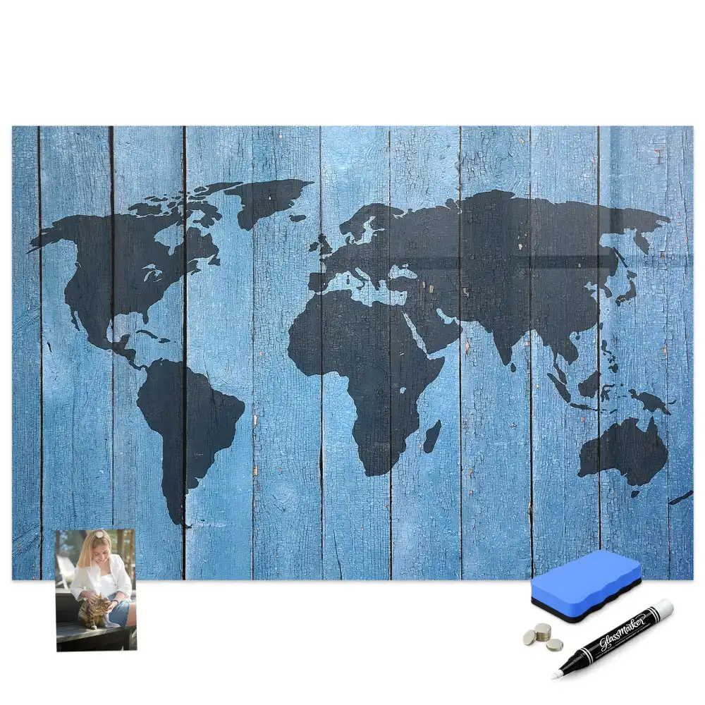 Tableau magnétique carte du monde sur bois avec feutre
