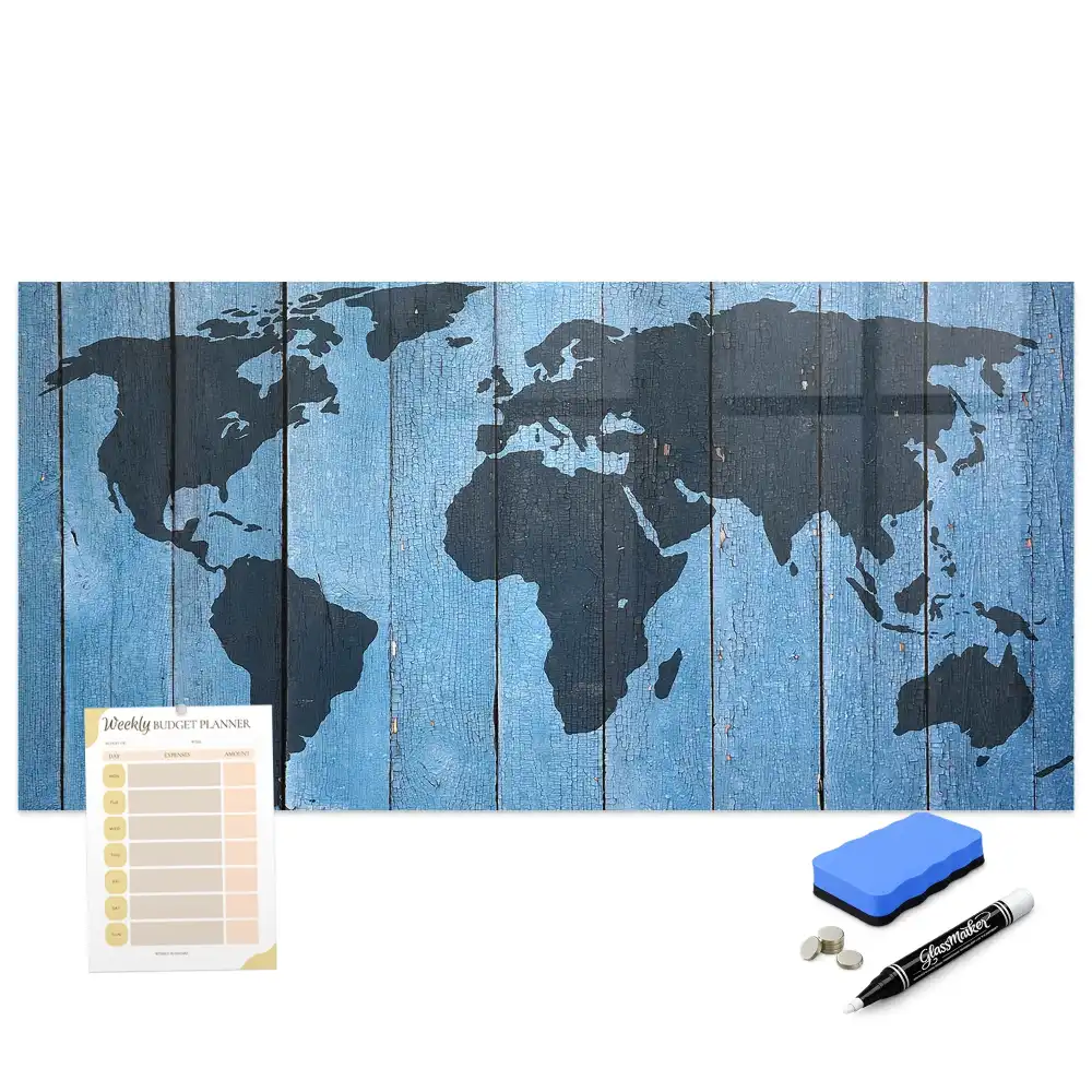 Tableau magnétique carte du monde sur bois avec feutre