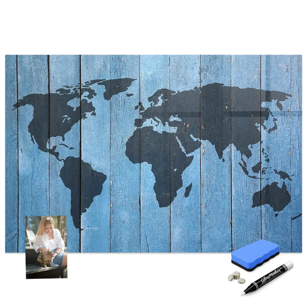 Tableau magnétique carte du monde sur bois avec feutre