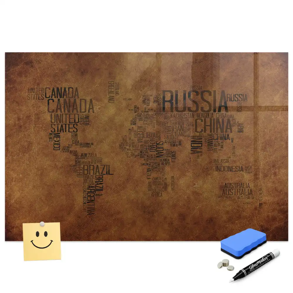 Tableau blanc magnétique effaçable avec carte du monde et noms des pays