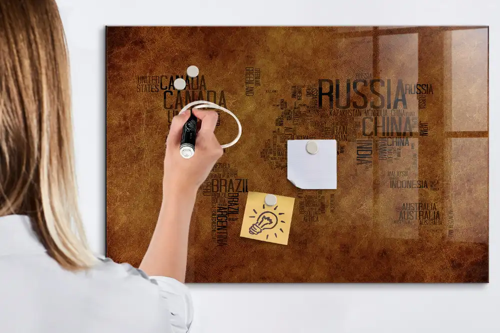 Tableau blanc magnétique effaçable avec carte du monde et noms des pays