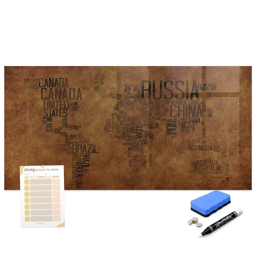 Tableau blanc magnétique effaçable avec carte du monde et noms des pays