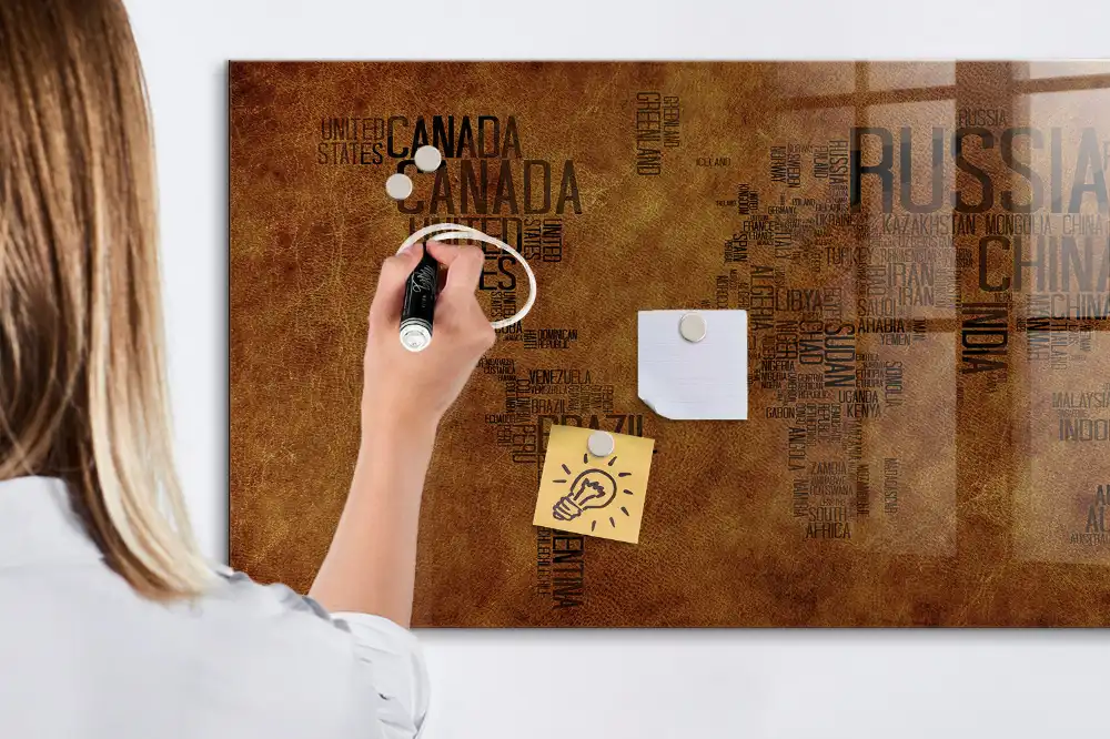 Tableau blanc magnétique effaçable avec carte du monde et noms des pays