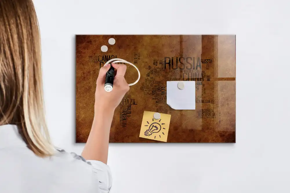 Tableau blanc magnétique effaçable avec carte du monde et noms des pays