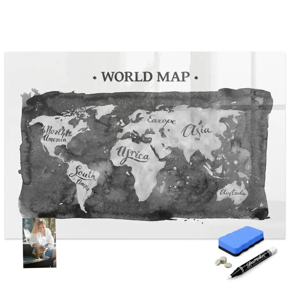 Tableau magnétique carte du monde stylisée avec feutre
