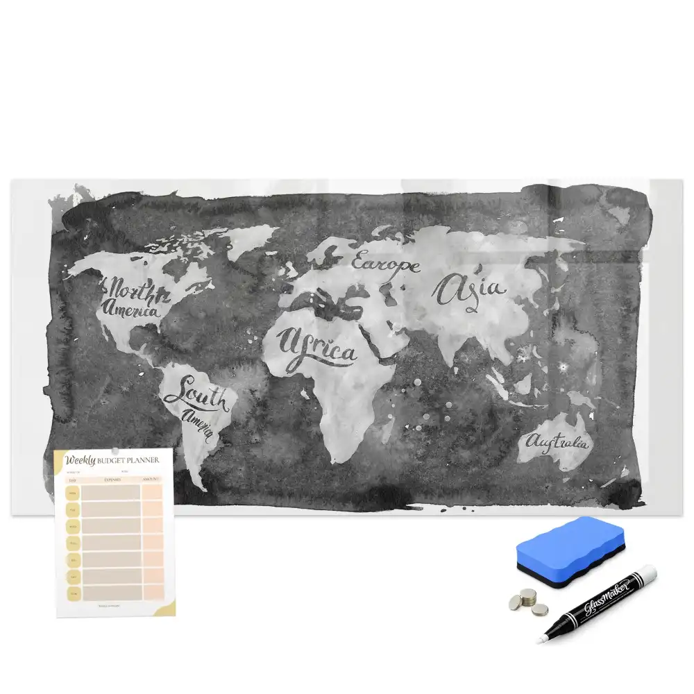 Tableau magnétique carte du monde stylisée avec feutre