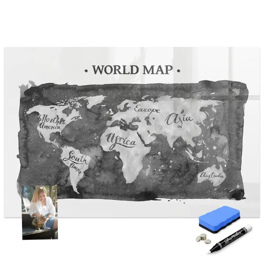 Tableau magnétique carte du monde stylisée avec feutre