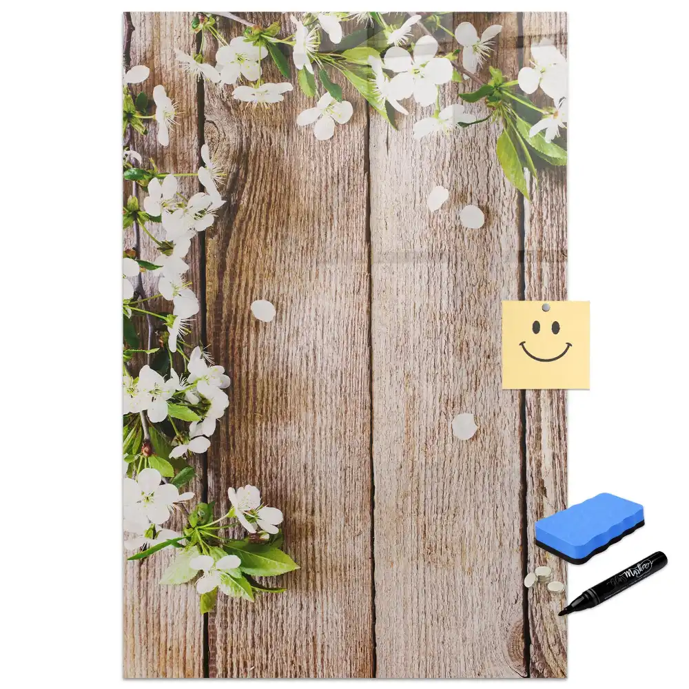 Tableau magnétique effaçable à motif de fleurs sur fond effet bois