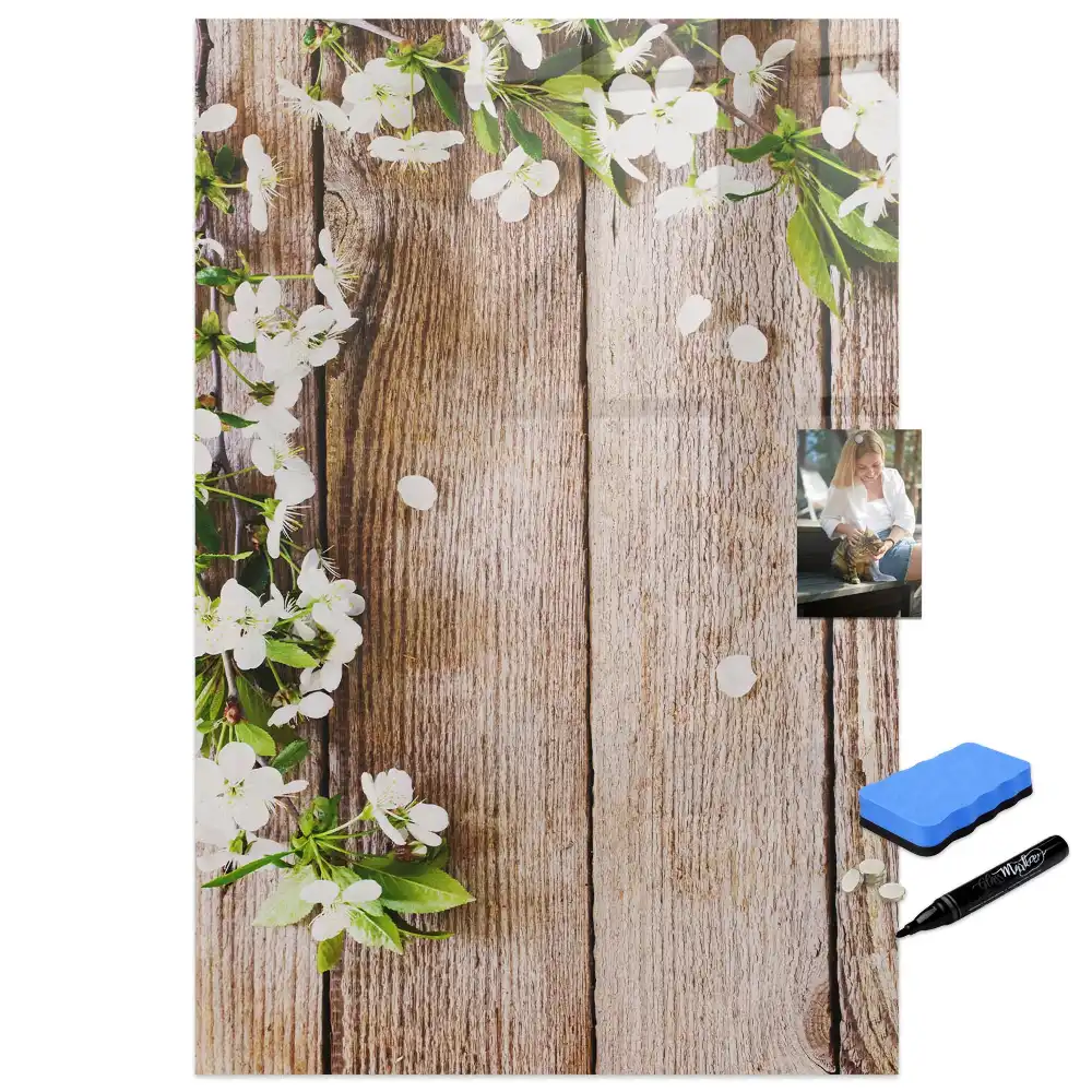Tableau magnétique effaçable à motif de fleurs sur fond effet bois