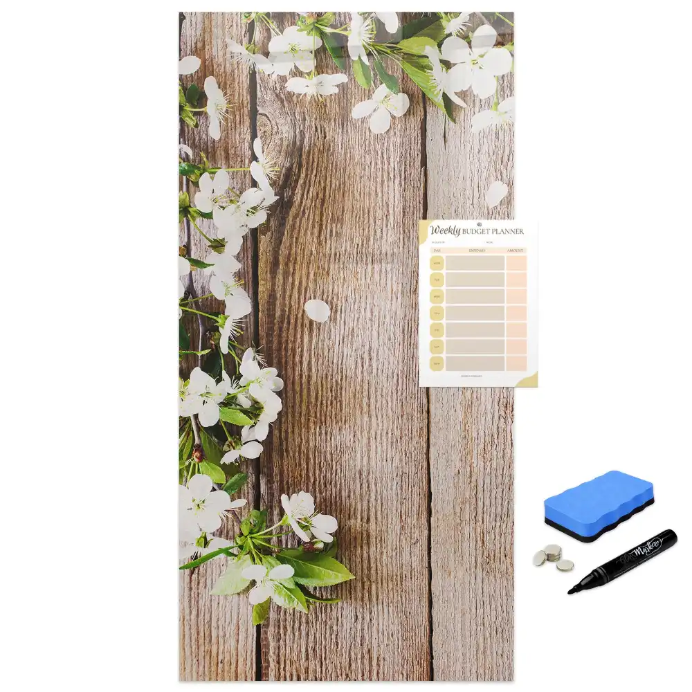Tableau magnétique effaçable à motif de fleurs sur fond effet bois