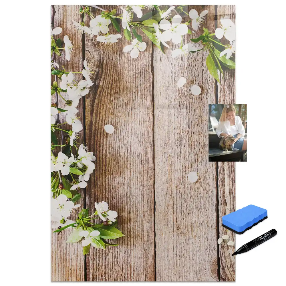 Tableau magnétique effaçable à motif de fleurs sur fond effet bois