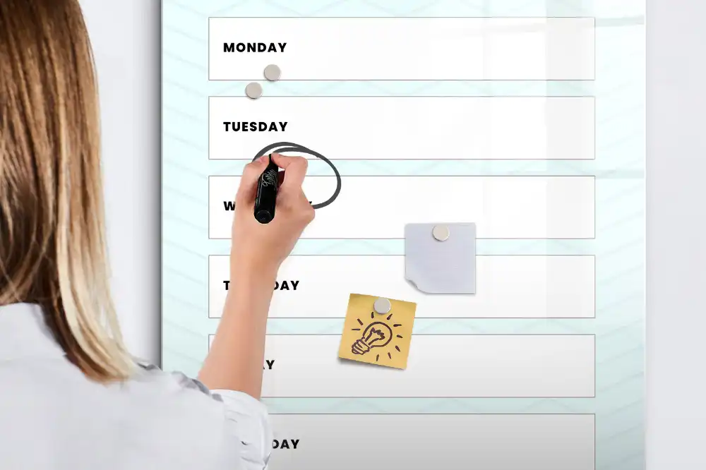 Tableau blanc magnétique effaçable à sec avec planning hebdomadaire