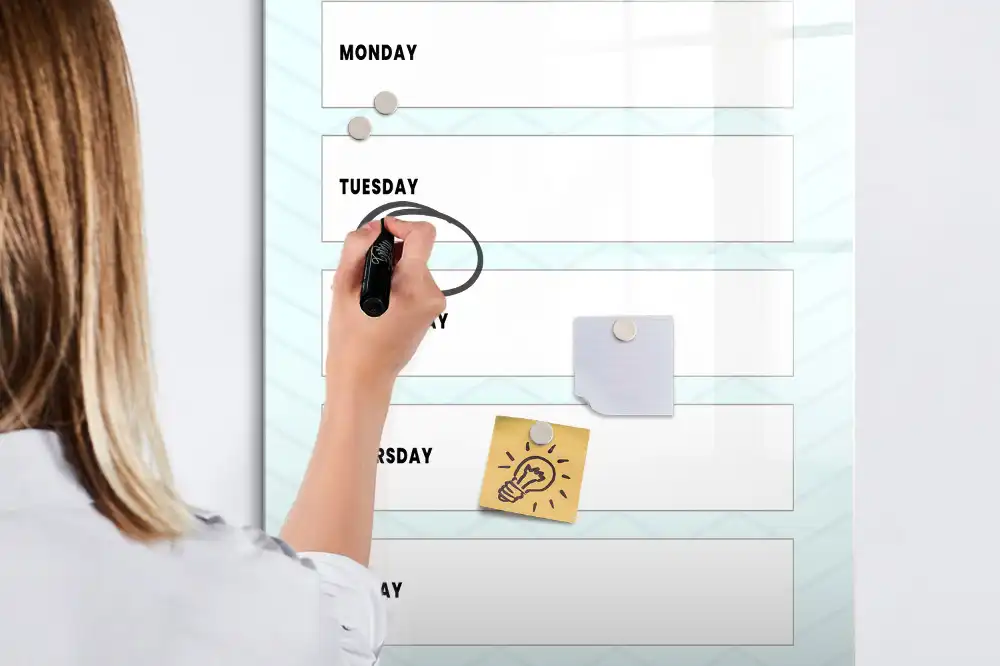 Tableau blanc magnétique effaçable à sec avec planning hebdomadaire