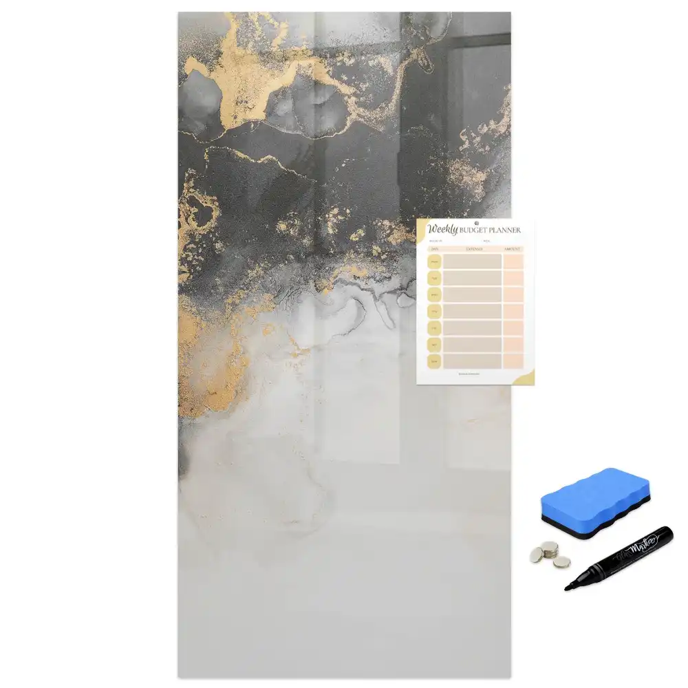 Tableau magnétique en verre avec motif abstrait effet marbre et feutre inclus