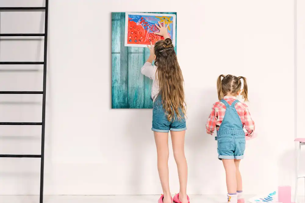 Tableau blanc magnétique effaçable à sec avec cadre en bois bleu