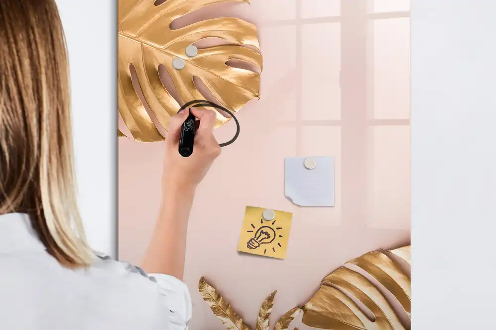 Tableau blanc magnétique effaçable à sec à motifs de feuilles dorées