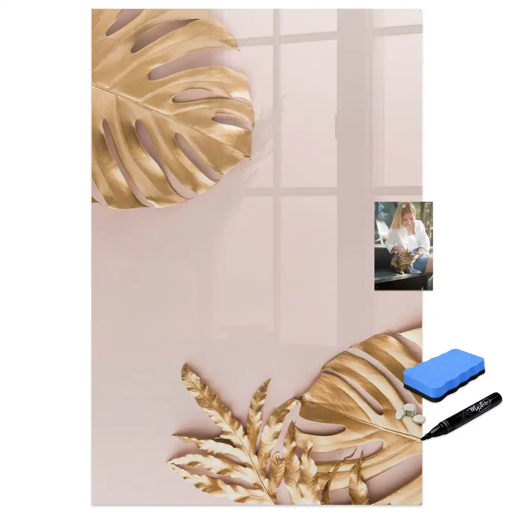 Tableau blanc magnétique effaçable à sec à motifs de feuilles dorées