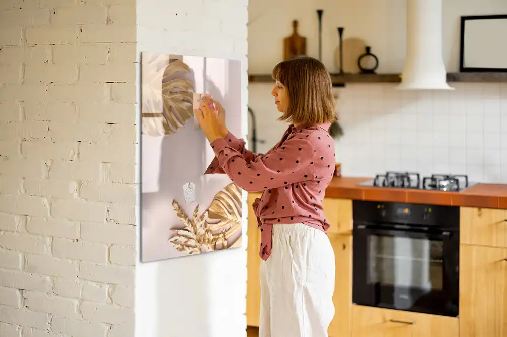 Tableau blanc magnétique effaçable à sec à motifs de feuilles dorées